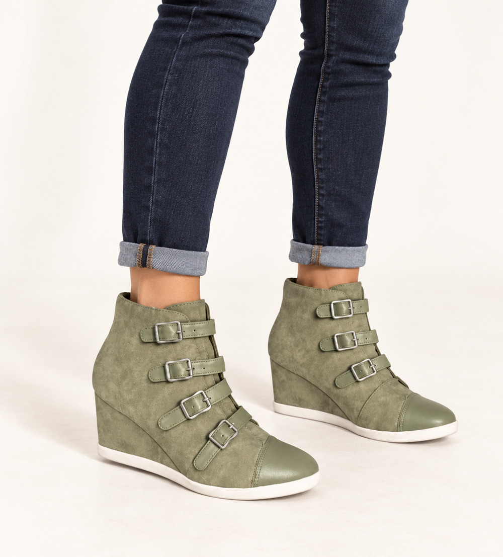Hot In Hollywood Olive Green Round Toe Buckle Hidden Wedge Sneaker Booties Sz 9W